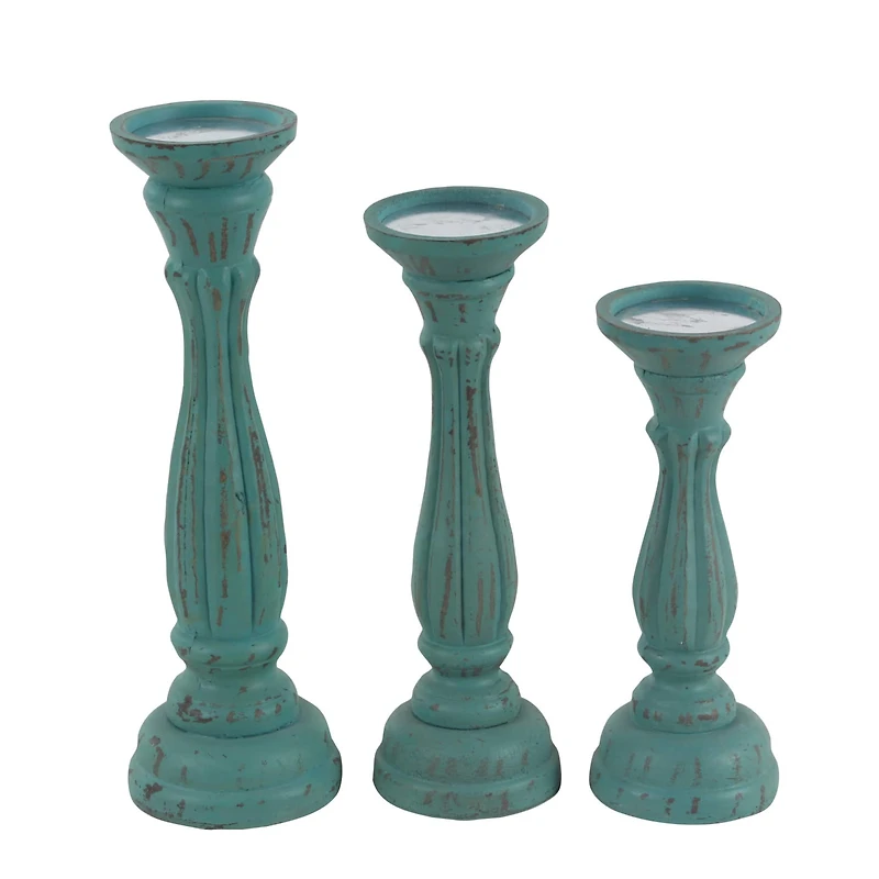 Blue Wood Traditional Candle Holder Set