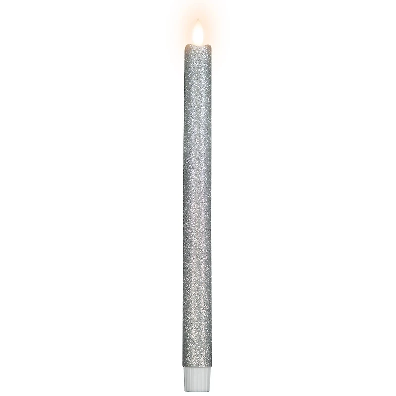 LED Flameless Flickering Taper Glittered Christmas Candles - 11" - Silver - Set 2