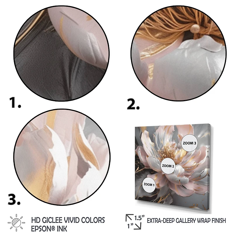 Designart "Marble Pink Gold Peony Flower Iii" Floral Peony Framed Canvas Print