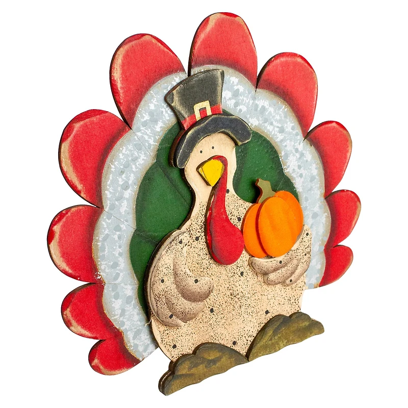10" Wooden Turkey with Pumpkin Thanksgiving Decoration