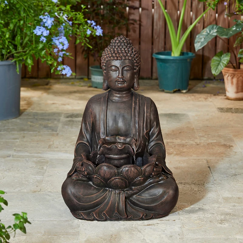 Glitzhome® 28.25" Zen-Style Meditating Buddha Statue Outdoor Fountain with LED Light