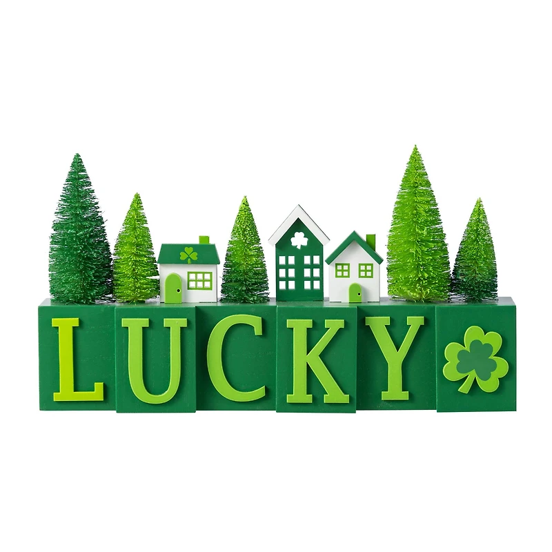 Glitzhome® 14" St. Patrick's Wooden House and Brush Trees "LUCKY" Table Decor