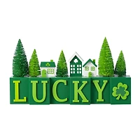 Glitzhome® 14" St. Patrick's Wooden House and Brush Trees "LUCKY" Table Decor
