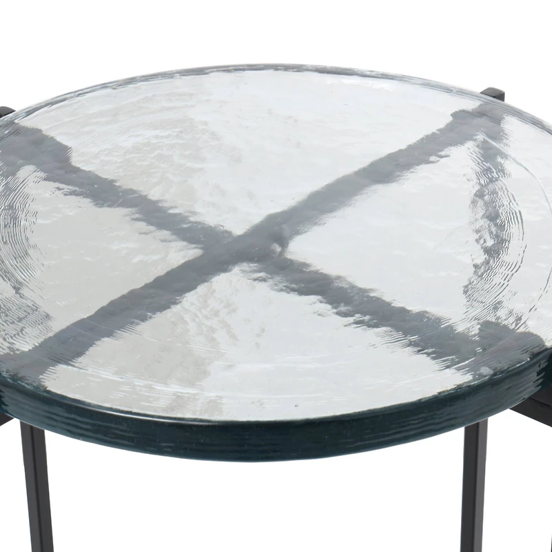 24" Metal X-Shaped Accent Table with Textured Glass Tabletop