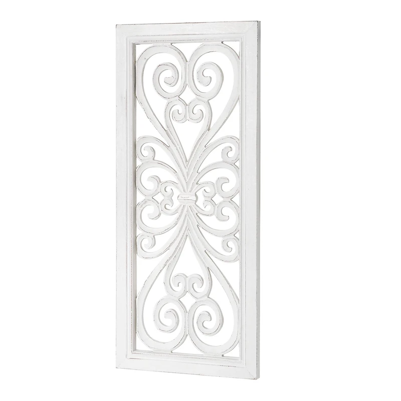 American Art Décor™ 36" Distressed Hand-Carved White Wood Wall Accent Medallion Panel