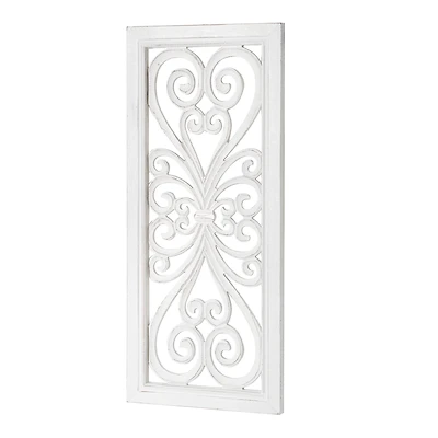American Art Décor™ 36" Distressed Hand-Carved White Wood Wall Accent Medallion Panel