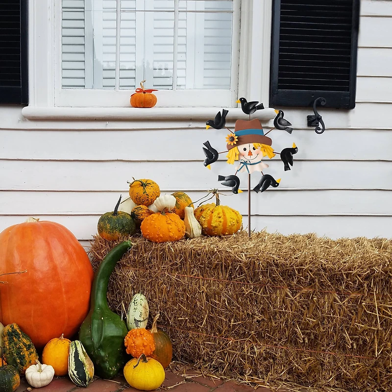 Glitzhome® 41.75" Fall Scarecrow Head with Crows Windmill Yard Stake