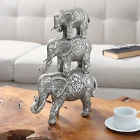 18" Silver Polystone Elephant Floral Engraved Stacked Sculpture
