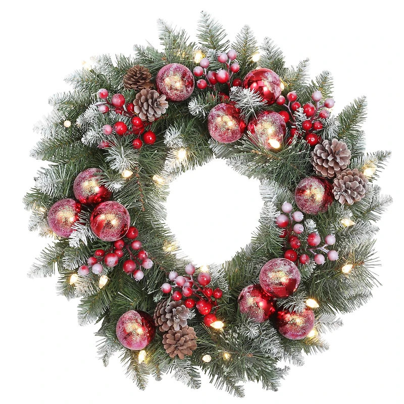 Haute Decor 24" Pre-Lit Frosted Ithica Pine Wreath, Soft White LED Lights