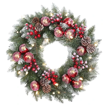 Haute Decor 24" Pre-Lit Frosted Ithica Pine Wreath, Soft White LED Lights