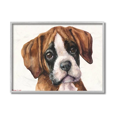 Stupell Industries Puppy Eyes Boxer Dog Pet Portrait Brown White in Gray Frame Wall Art