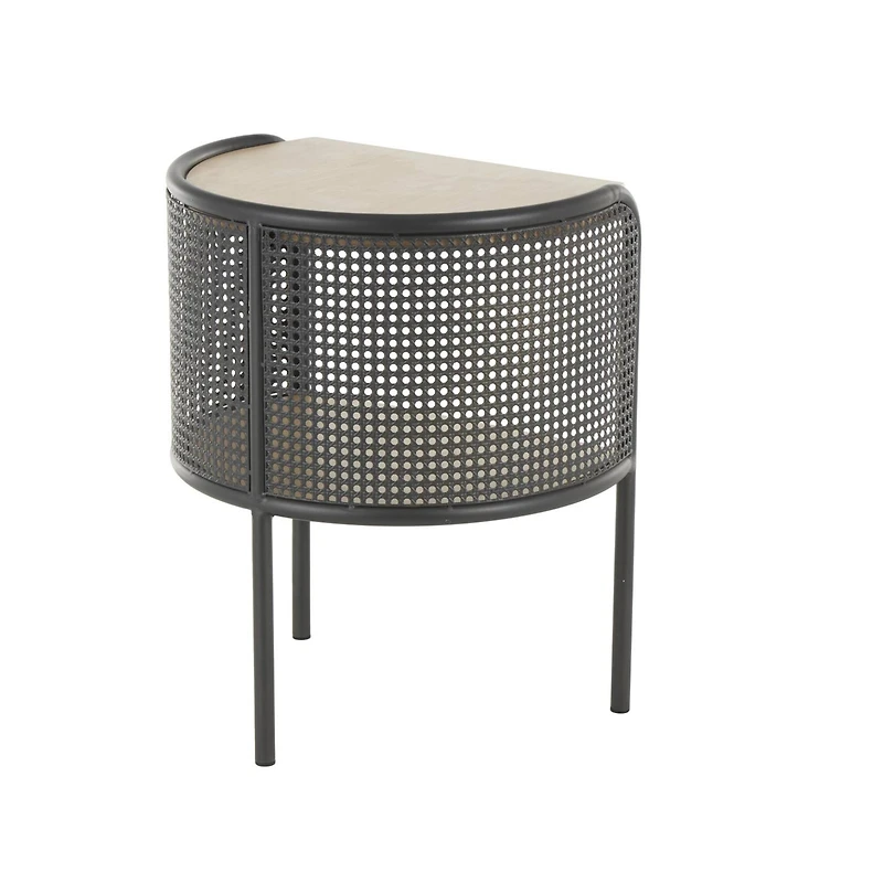 22.25" Light Brown Wooden Half-Moon Two-Toned 1-Shelf Accent Table with Mesh Back Panel