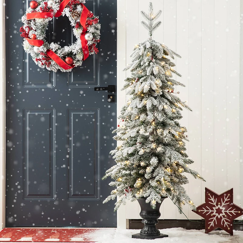 2 Pack 5ft. Pre-Lit Flocked Fir Artificial Christmas Porch Tree in Planter, Warm White Lights