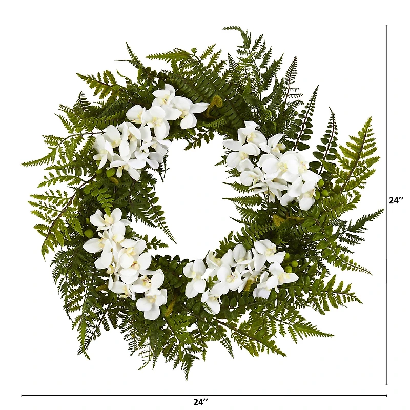 24" Mixed Fern & Moth Orchid Artificial Wreath