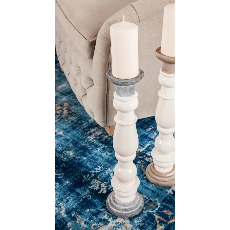 White & Dark Gray Stoneware Country Candle Holder Set