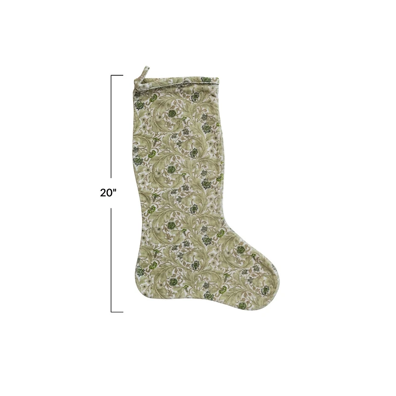 Hello Honey® 20" Green & Cream Cotton Velvet Printed Stocking with Floral Pattern