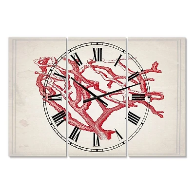 Designart Red Coral Oversized Nautical & Coastal 3 Panel Wall Clock