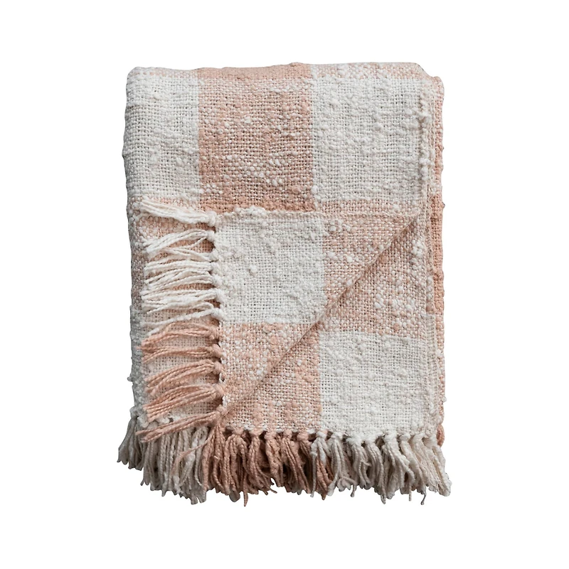 Hello Honey® Blush & Cream Plaid Hand-Woven Cotton Throw with Fringe