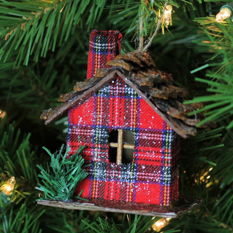 4" Frosted & Glittered Red & Brown Plaid Country Cabin Christmas Ornament
