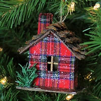 4" Frosted & Glittered Red & Brown Plaid Country Cabin Christmas Ornament