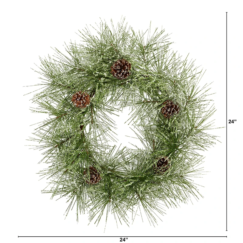 24" Iced Pine Wreath with Pinecones