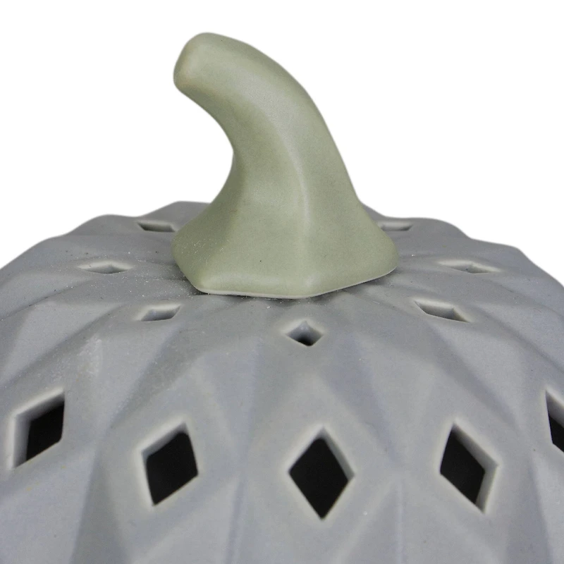5" Gray & Green Lighted Fall Harvest Ceramic Pumpkin