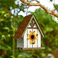 Glitzhome® 8.25" Distressed Metal Roof & Flower Wood Birdhouse
