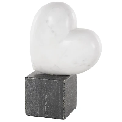 8.5" White & Black Marble Heart Slanted Sculpture with Block Base
