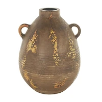 15.25" Brown Ceramic Antique Style Distressed Vase with Grooves & Handles