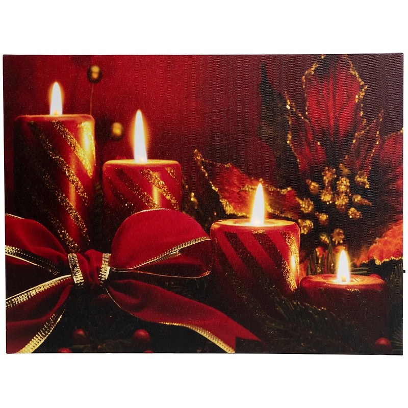 LED Lighted Glitter Striped Candles With Poinsettia & Bow Christmas Wall Art