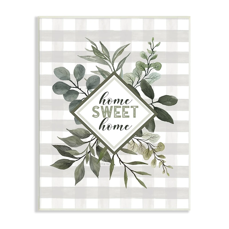 Stupell Industries Home Sweet Home Phrase Green Botanicals Plaid Pattern Wall Plaque