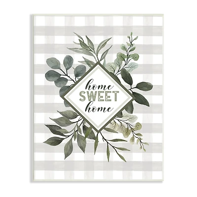 Stupell Industries Home Sweet Home Phrase Green Botanicals Plaid Pattern Wall Plaque
