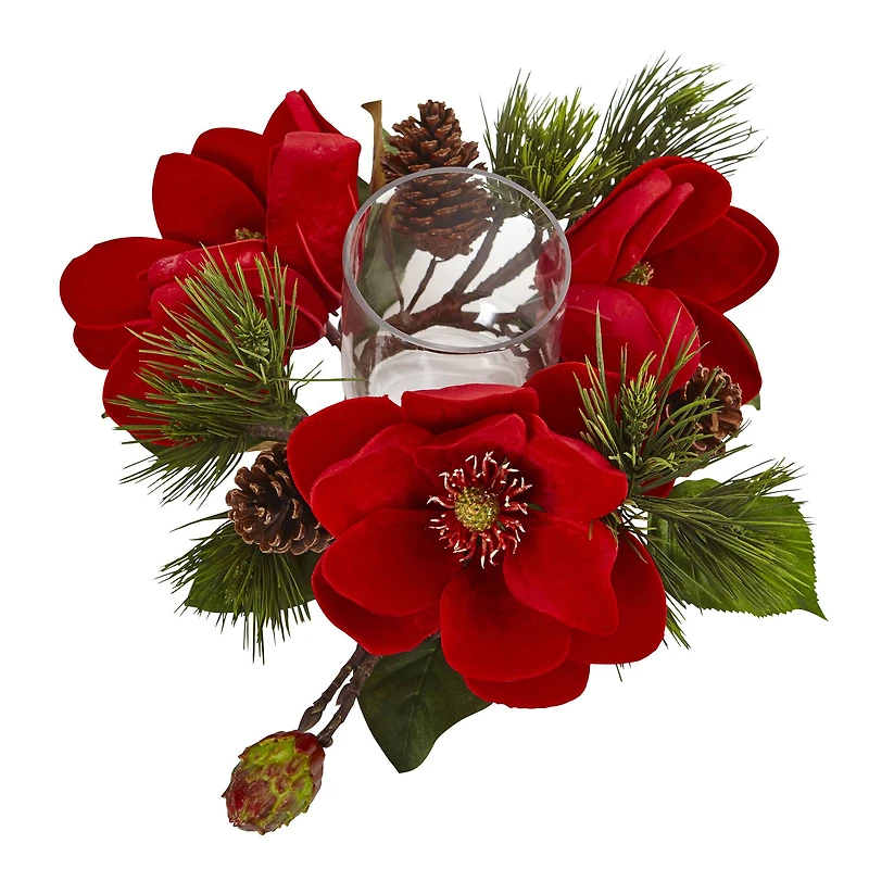 7" Red Magnolia & Pine Candelabrum