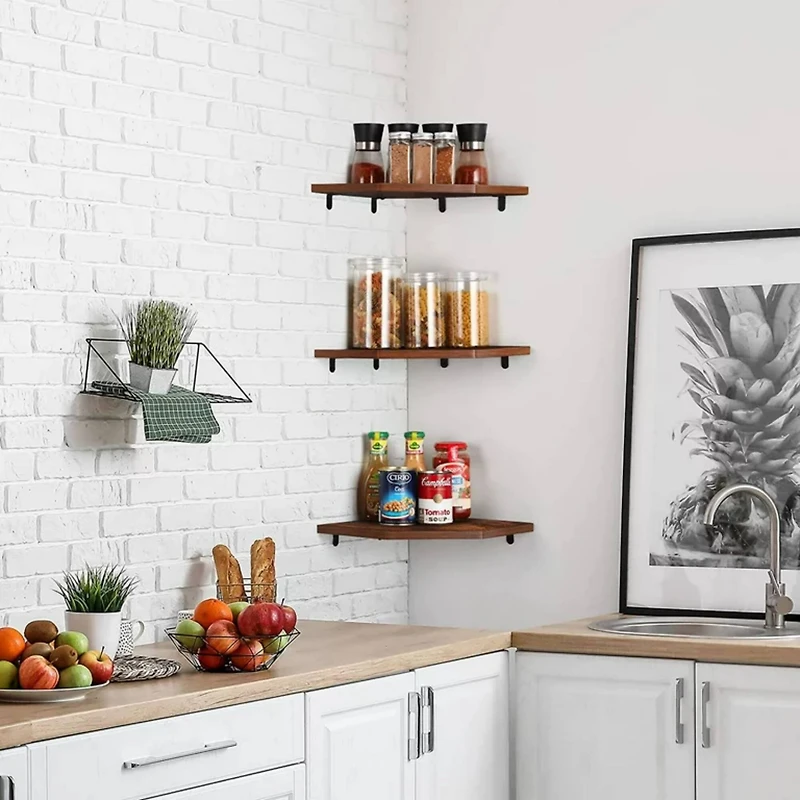 Burnt Brown Wall Mounted Wood Floating Corner Shelf Set
