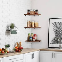 Burnt Brown Wall Mounted Wood Floating Corner Shelf Set
