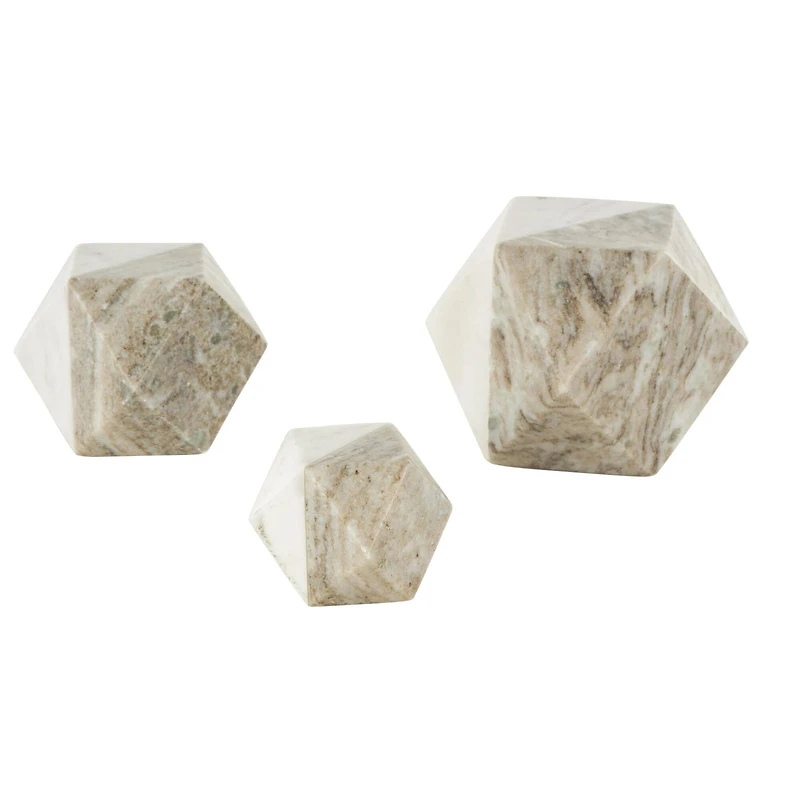 White Marble Geometric Cube Two-Toned Hexagon Sculpture with Cream & Copper Accents, 3ct.
