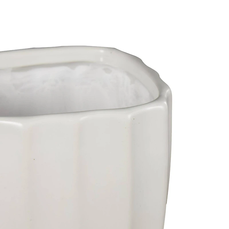 White Square Wide Groove Textured Ceramic Planter Set