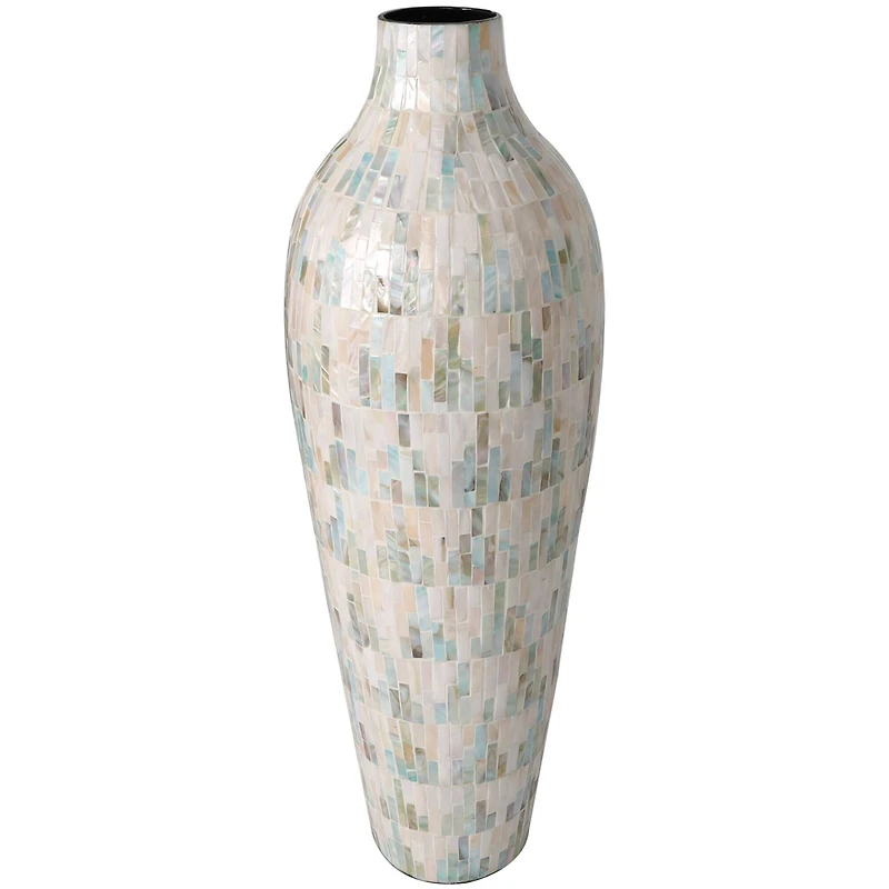 28" White Mother of Pearl Handmade Mosaic Inspired Vase with Pastel Blue & Pink Accents