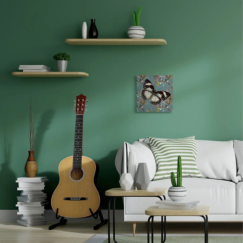 Stupell Industries Butterfly On Blue Pink Pattern Abstract Design Canvas Wall Art