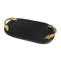 19" Black Marble Oval Tray with Gold Leaf Handles