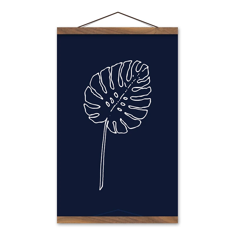 Designs Direct Navy Monstera Drawing Teak Hanging Canvas