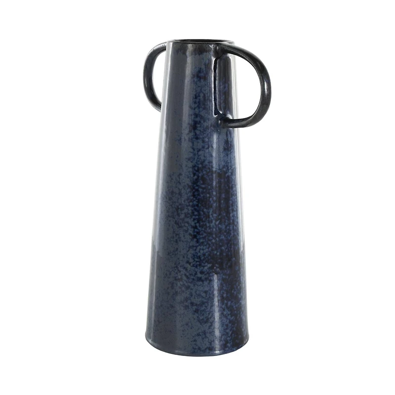 16" Dark Blue Ceramic Textured Cone Vase with Curved Handles