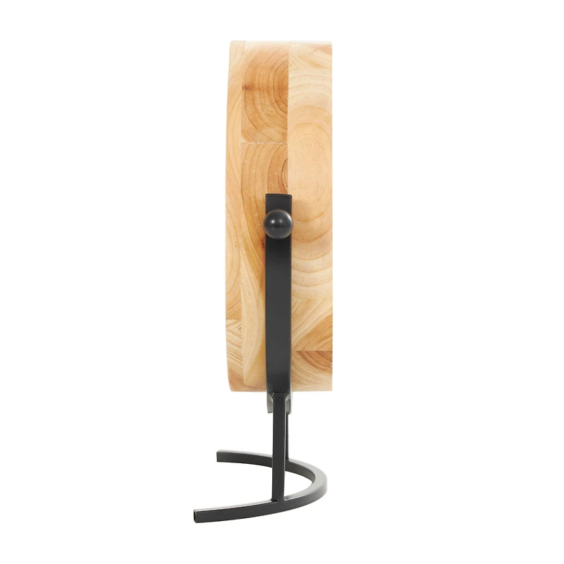 10" Light Brown Wood Clock with Curved Black Metal Stand & Ball Details