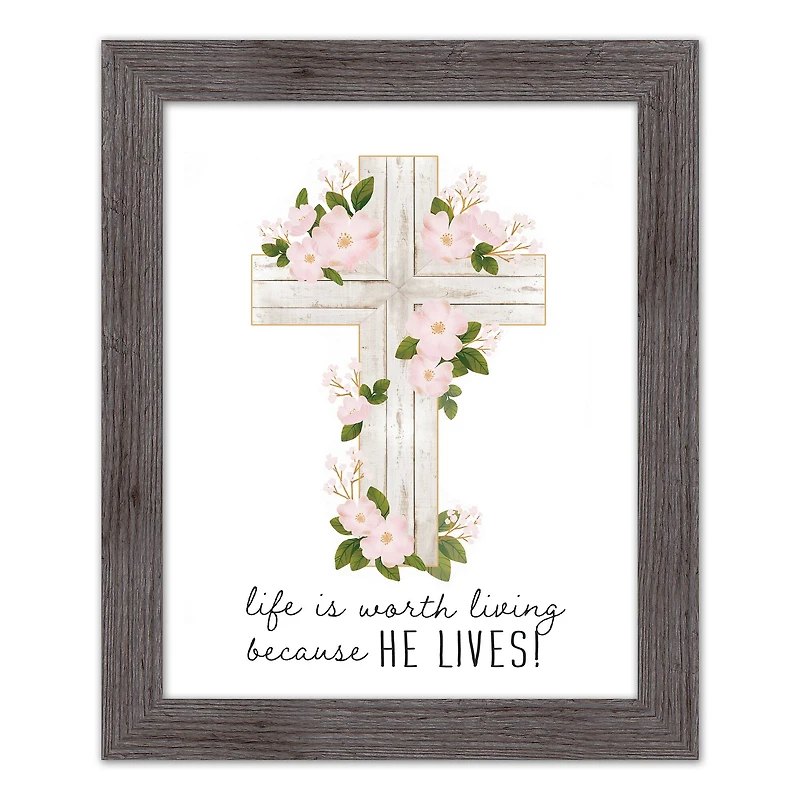 He Lives Floral Cross 16" x 20" Western Gray Framed Print