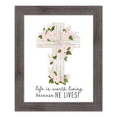 He Lives Floral Cross 16" x 20" Western Gray Framed Print