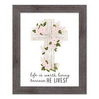 He Lives Floral Cross 16" x 20" Western Gray Framed Print
