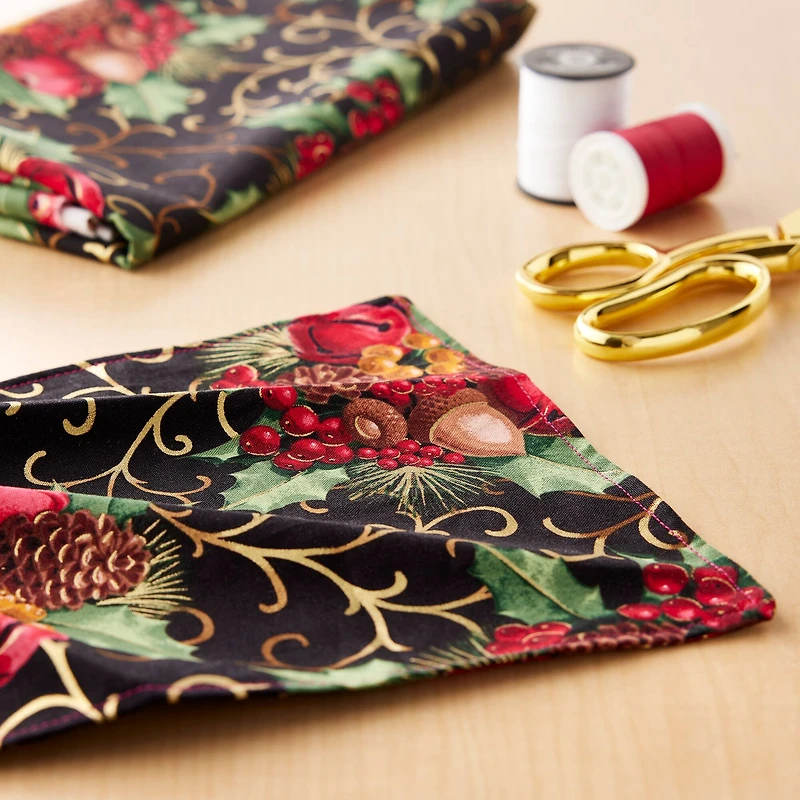 Fabric Traditions Christmas Black Berries & Bells Glitter Cotton Fabric