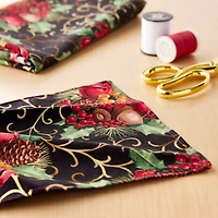 Fabric Traditions Christmas Black Berries & Bells Glitter Cotton Fabric