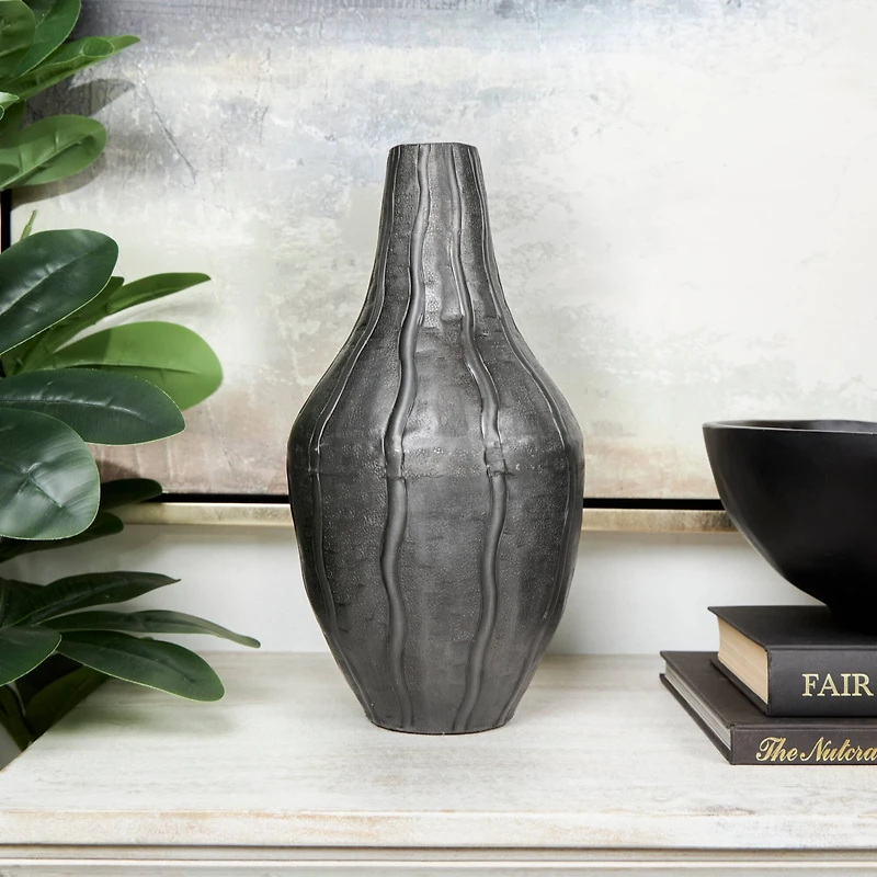 13" Black Metal Snakeskin Inspired Vase with Dimensional Wavy Accents