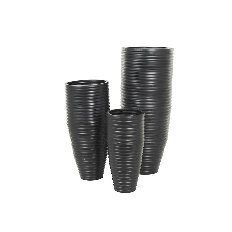 Black Ribbed Floor Metal Vase Set with Horizontal Grooves